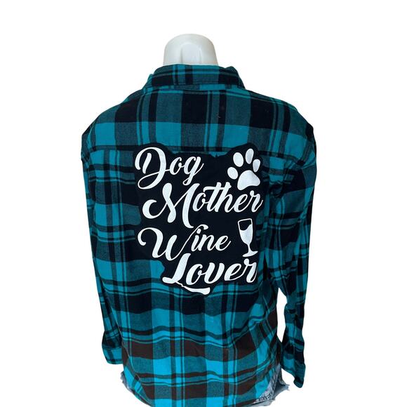 Dog Mother Wine Lover Plaid Flannel Shirt Shacket LARGE Oversize Upcycle Unique - Picture 1 of 6